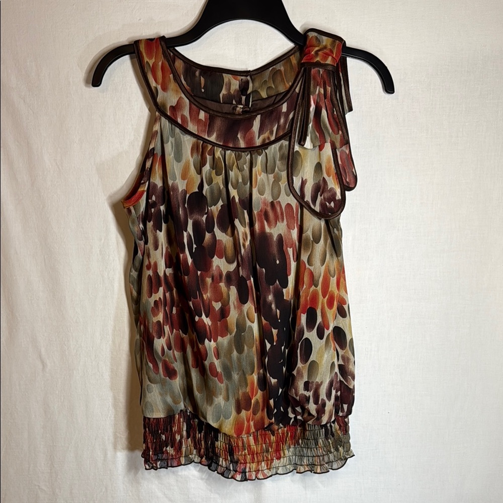 I.N. San Francisco Asymmetrical Sleeveless Blouse in Orange and Green